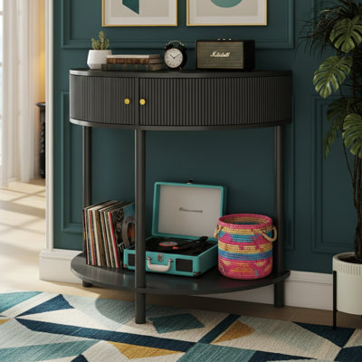  31.5 Inch Demi Lune Console Table with 3D Wave Drawer Fronts, Woodgrain Finish, Dual Storage