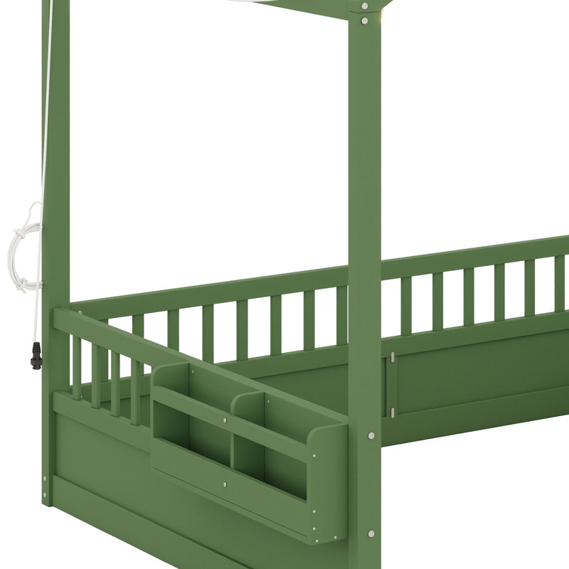 Lit de sol Montessori pour enfants avec ciel de toit en forme de maison, barrières de sécurité et étagère à livres, Vert