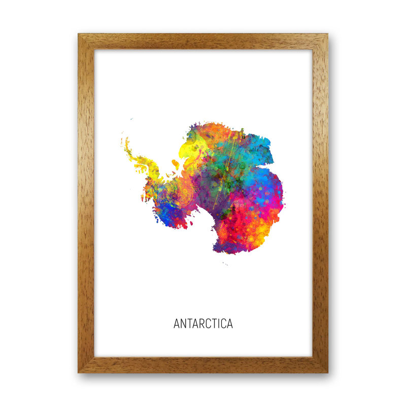Antarctica Watercolour Map by Michael Tompsett - Print, Brown Framed, 63cm H x 46cm W x 3cm D