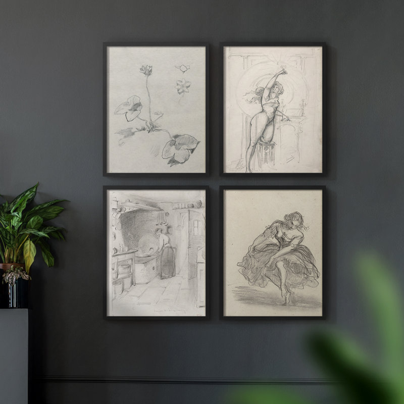 "Croquis rétro LII", 4 pièces sur papier, H 14 po x l 44 po, Noir