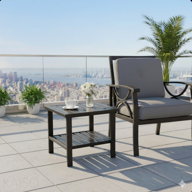 Table d'appoint d'extérieur 19 po carrée en métal noir, table de bout pour terrasse toutes saisons à 2 niveaux