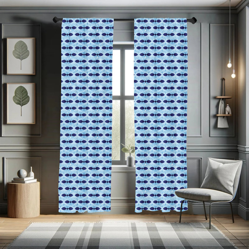 Pale Blue and Navy Fish Pattern Rod Pocket Curtain Panels