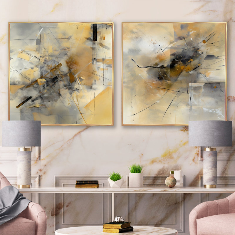Jaune et gris au-delà de la toile - ensemble de 2 collages carrés de peinture abstraite, Cadre flottant doré