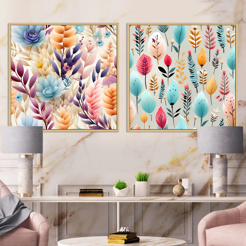 Douglasville - Ensemble de 2 collages carrés botaniques abstraits, H 36 po x l 73 po, Cadre flottant brun