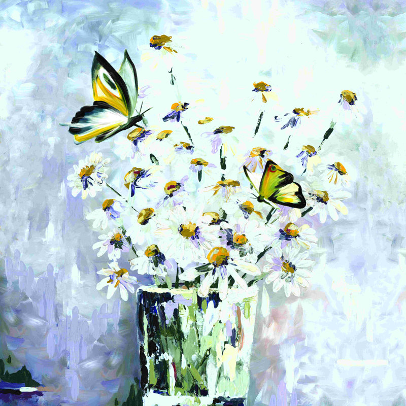 Marguerites et papillons par - on, H 12 po x l 12 po