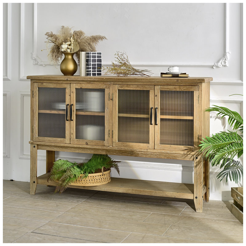 Buffet 59 "rustique avec portes cannelées en verre, console décorative en bois naturel pour le rangement de la salle à manger et du salon