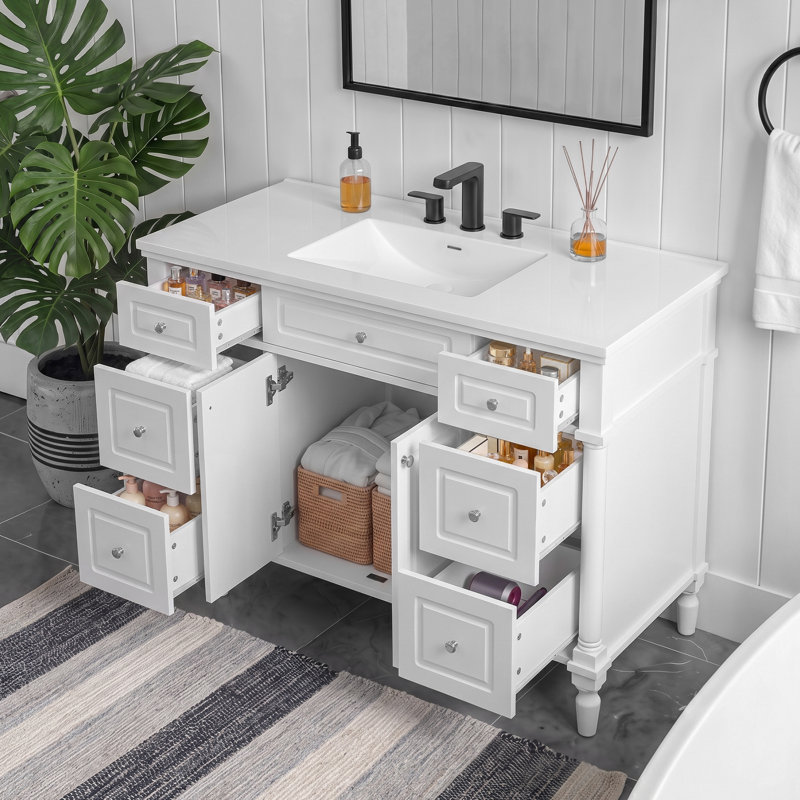 Meuble-lavabo autoportant de style vintage de 47,8 pouces avec lavabo, armoire de salle de bain avec 6 tiroirs et 2 portes, pieds en bois massif, charnières à fermeture douce
