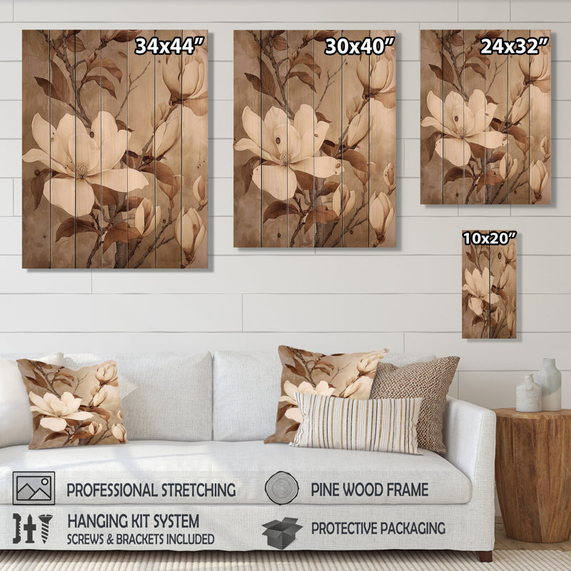 Blanc blanc brun Magnolias Nature Serenity - impression sans cadre sur bois, H 32 po x l 24 po x P 0,78 po