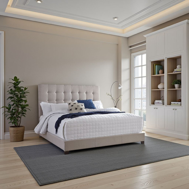 Lit plateforme très grand Leji | Revêtement beige capitonné à boutons profonds | Profil bas, King