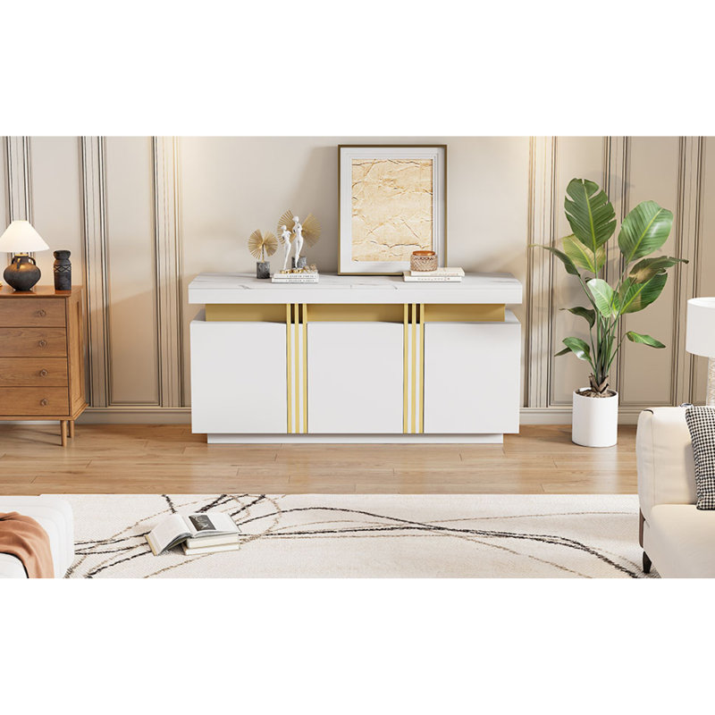 Roomfitters 140cm Sideboard Faux Marble Top 3 Doors Buffet Storage Cabinet Credenza Cupboard Console Table Living Room Hallway Desk, Black+Gold
