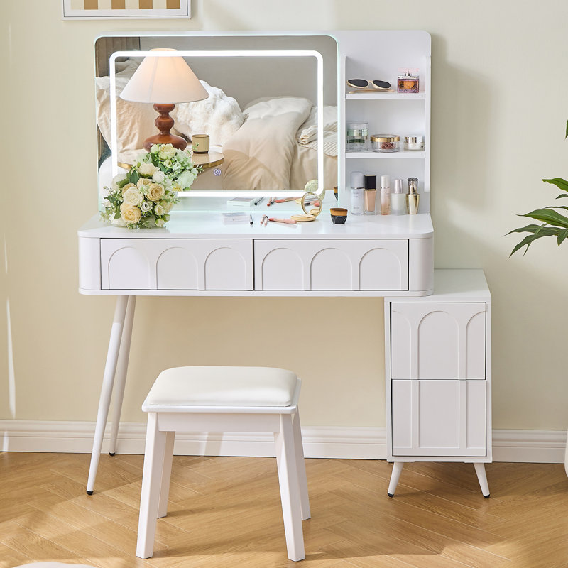 Ensemble coiffeuse moderne avec lumières DEL et miroir, coiffeuse 4 tiroirs avec tabouret, Blanc