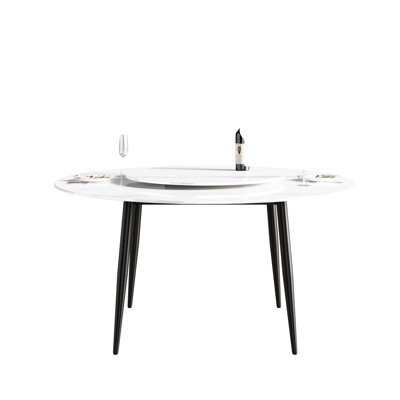 59.59" Round Dining Table With White Sintered Stone Top - 6 Capacity 31.5" Turntable To Fingerprint Marks Waterproof & Surface