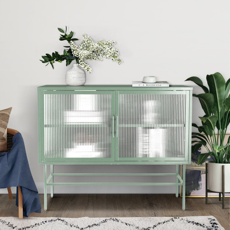 Console à double porte en verre trempé avec 2 portes en verre cannelé et tablette réglable, Vert menthe