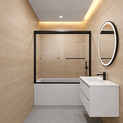 56-60"W x 58"H Semi-Frameless Double Sliding Tub Door, Bypass Bathtub Shower Door, Matte Black Style