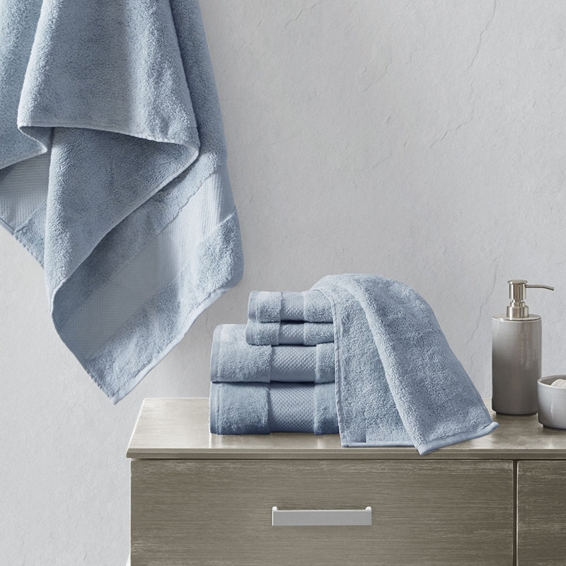 6-piece Turkish Cotton Bath Towel Set – Oversized Low Twist Plush Absorbent Luxury, Blue