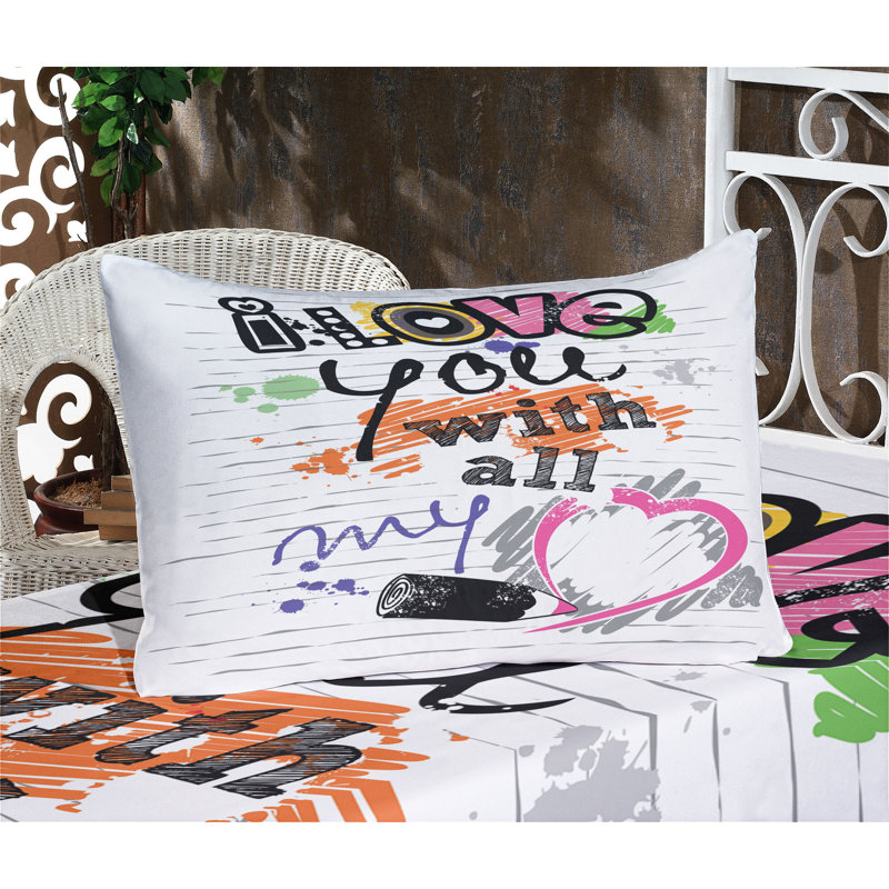 Multicolore drap-housse et coussin décoratif Ambesonne I Love You, Ensemble de draps pour lit simple + 3 pièces supp