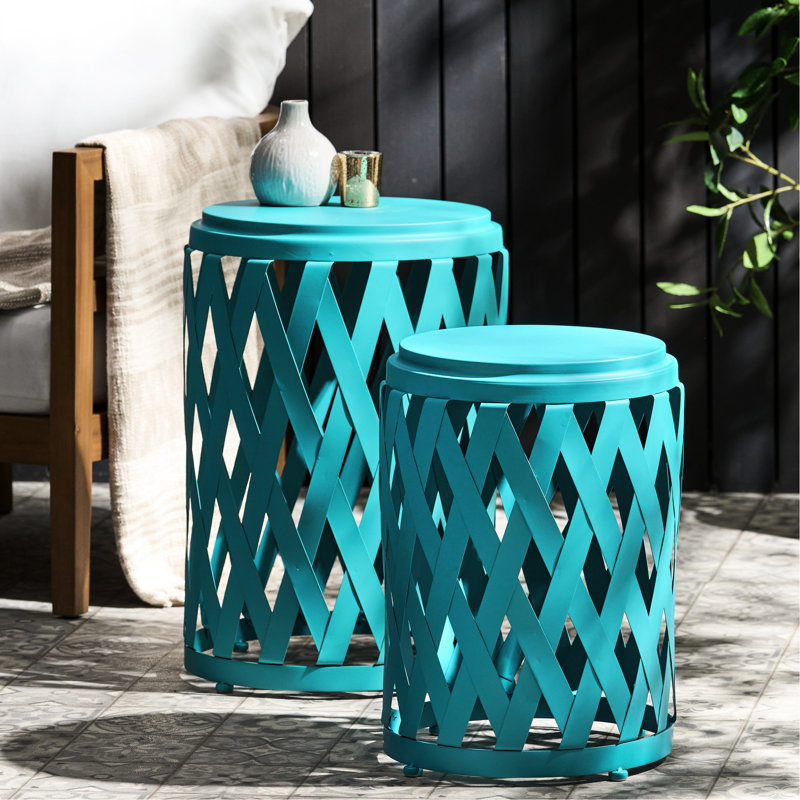 Élégantes tables d'appoint en fer avec motif pour patio - bleu sarcelle mat, 2, fer sarcelle léger et portable, détail, 2 options