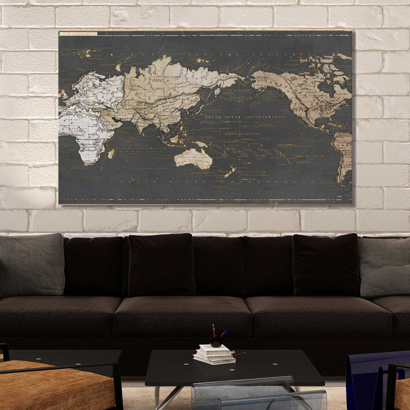 «World Map in Gold and Gray», impression, H 18 po x l 30 po x P 1 po, Toile tendue