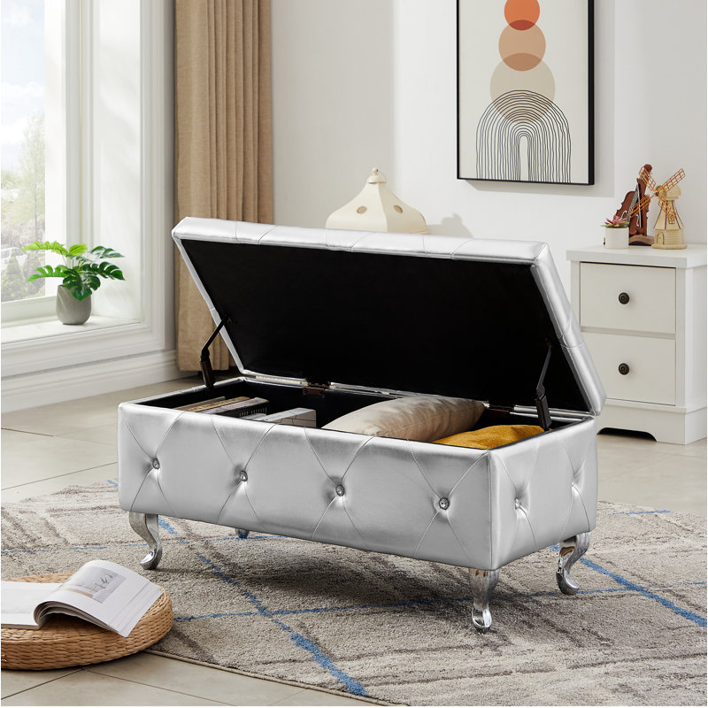 Silver PU Upholstered Storage Bench with Padded Seat