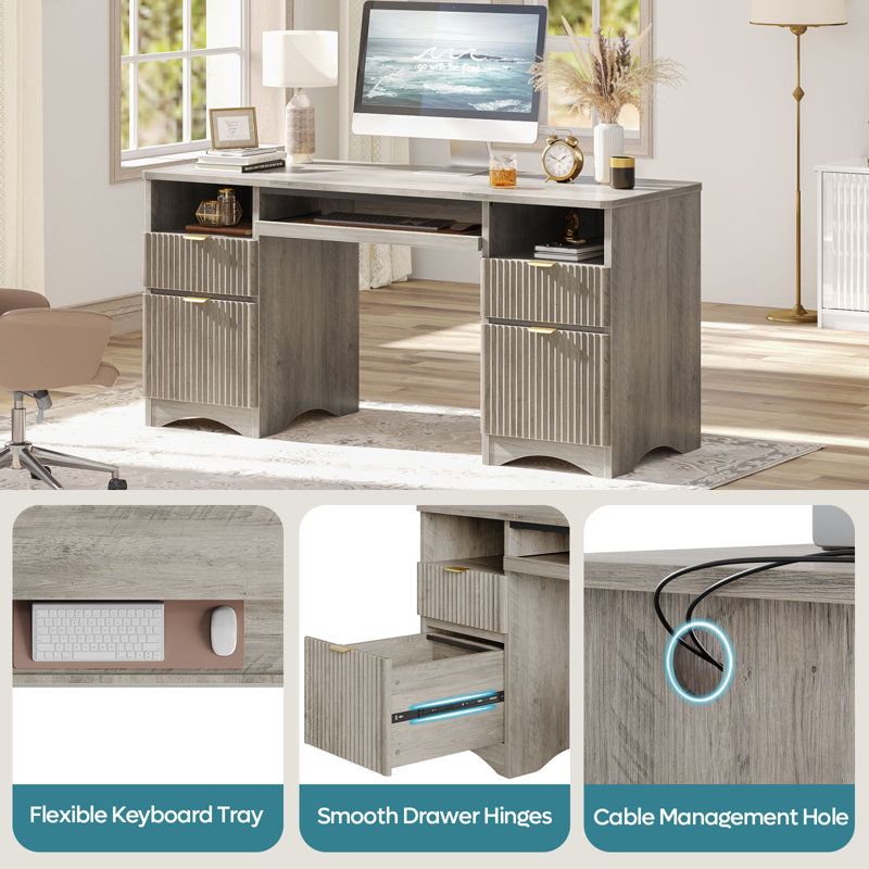 Luing 59" W Fluted Executive Desk with Keyboard Tray and File Drawers, Gray Wash, 4 Drawers + Keyboard Tray