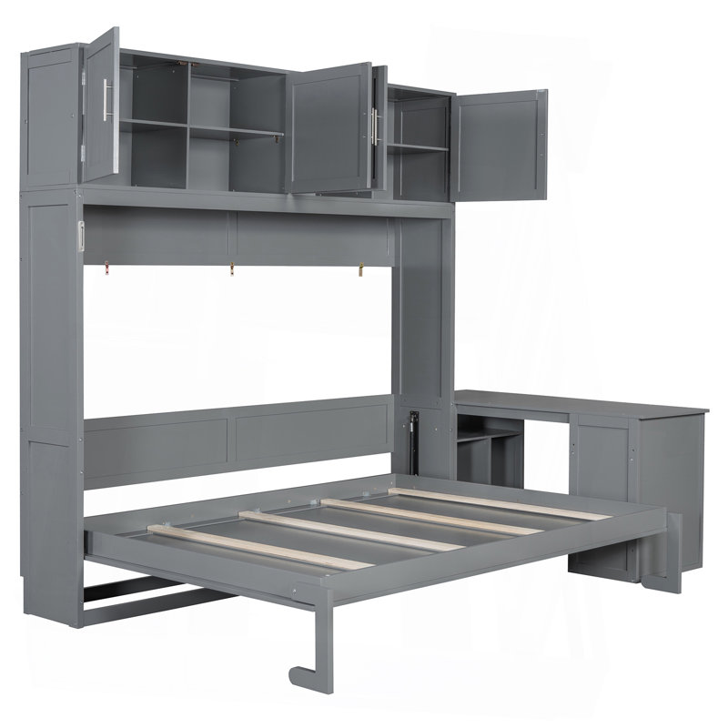 Grand lit escamotable mural avec bureau, tablettes de rangement et grandes armoires, gris (OLD SKU: N820S10034E)