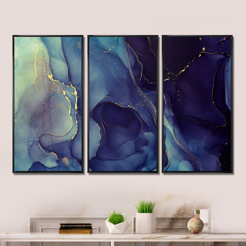 Encre bleue «Blue Tender», impression sur toile flottante 3 pièces, Noir, H 28 po x l 36 po