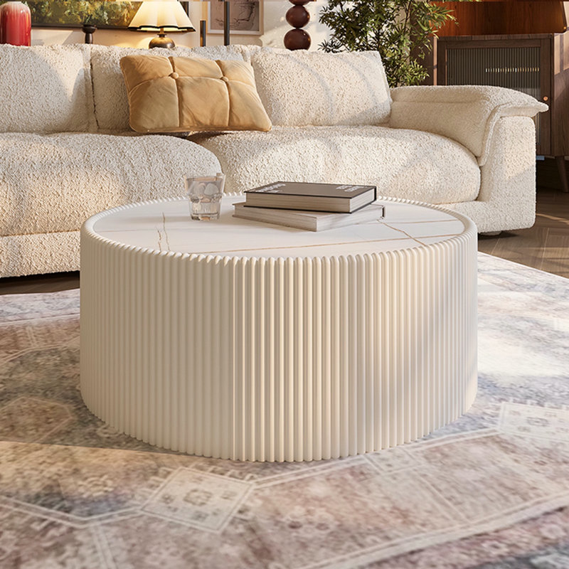 Table basse moderne en cuir fritté avec dessus en pierre, Blanc lait