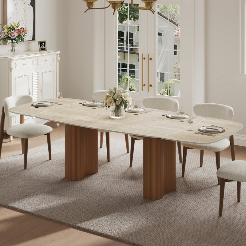Table de salle à manger extensible 63-94,5 "moderne pour table de chevet en pierre frittée 4-10 avec base double en bois brun