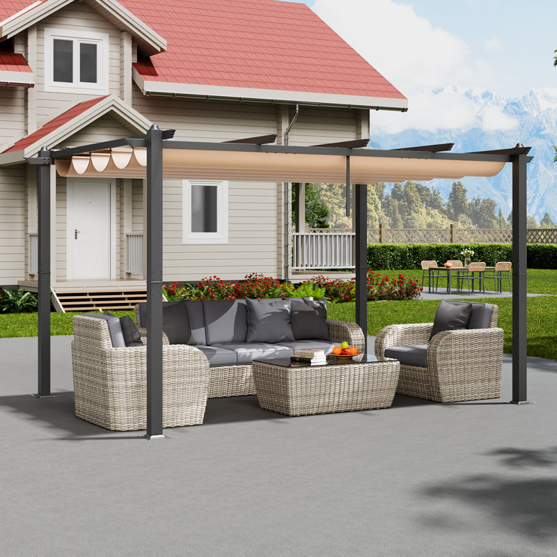 Pergola d'extérieur rétractable avec auvent en aluminium, Beige, H 90,55 po x l 116,54 po x P 15,55 po