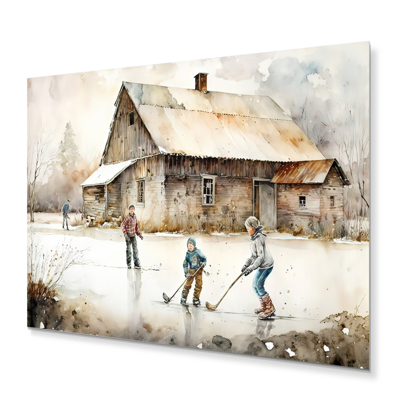 Garçons jouant au hockey à la cabane IV - décoration murale moderne en métal, H 30 po x l 40 po x P 1 po