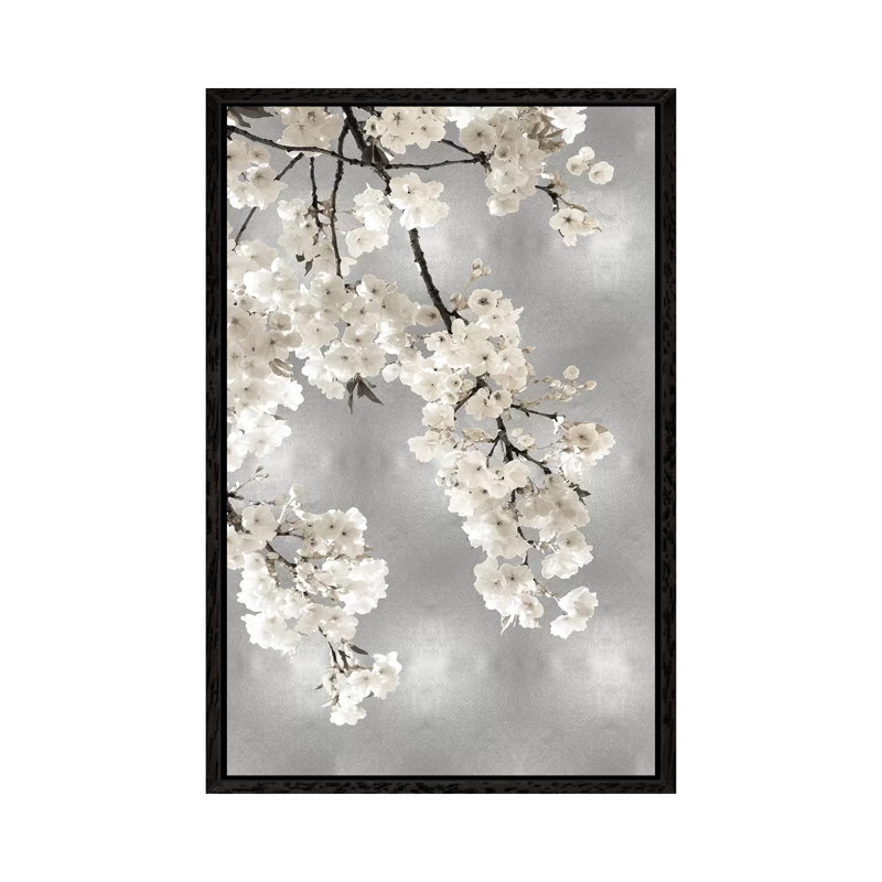 White Blossoms On Silver I by Kate Bennett - Print on Canvas, Black Framed Canvas, 66.04 cm H x 45.72 cm W
