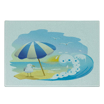 Ambesonne Cartoon Tempered Glass Cutting Board Seagull at Beach Multicolor