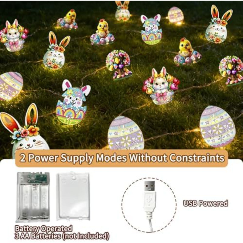 Guirlande de lumières de Pâques 10 lumières DEL de Pâques 10 pi avec 2 alimentations (pile / USB) 2 modes d'éclairage 6 motifs mignons pour les décorations de Pâques intérieures et extérieures