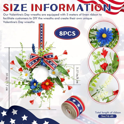 Lot de 8 mini couronnes patriotiques américaines pour la cuisine, petites couronnes florales à suspendre pour la porte d'entrée, décorées de rubans et de marguerites, aux couleurs du 4 juillet, pour la fête de l'Indépendance. Idéales pour décorer un porche ou un mur dans une maison de campagne.