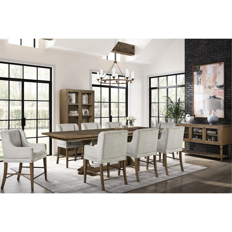 Table haute de comptoir couleur amande, design à tréteaux, placage, surface en parquet géométrique, extensible de 84" à 114" (213 à 290 cm), largeur 44", hauteur 36", poids 230,5 lb (104 kg), couleur parquet.
