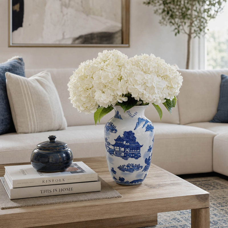 Vase traditionnel en céramique pour console - Vase à fleurs de style chinoiserie avec une silhouette haute et décorative - 25 cm