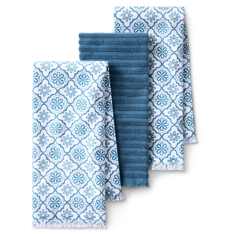 Ensemble de 3 serviettes de cuisine à motif floral 100% coton absorbant bleu DRAPER James, 17 po x 28 po, Bleu