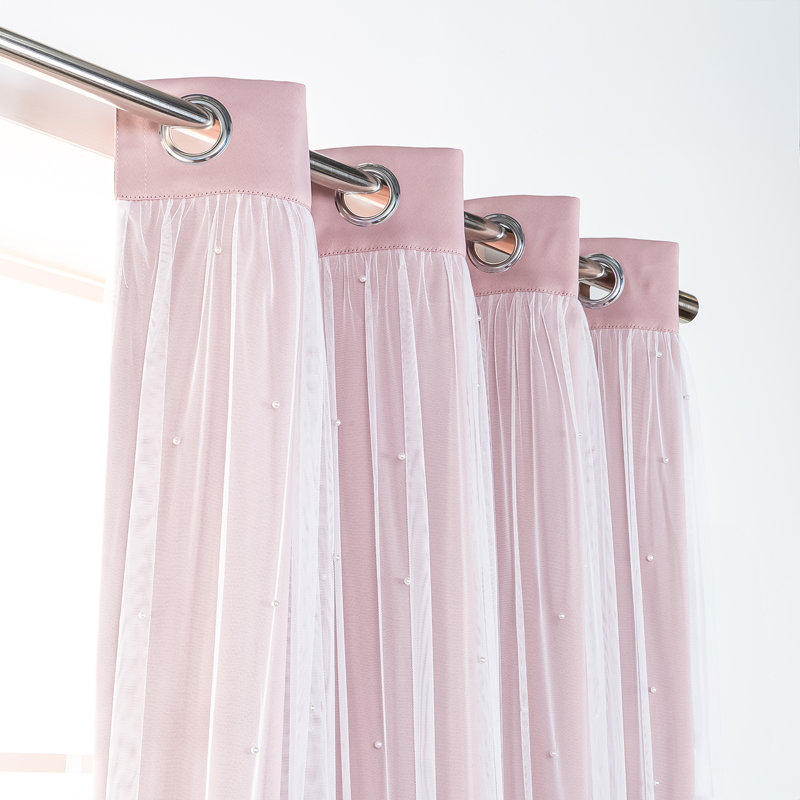 Pearl Beaded Tulle Overlay Room Darkening Grommet Curtains (Set Of 2), Dusty Pink, 52" W x 96" L 