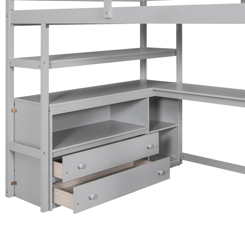 Lit mezzanine double gris avec bureau, tablettes, tablettes pratiques de rangement, Gris, Lit double