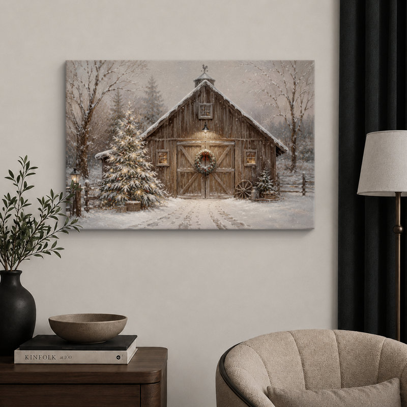 «Winter Snowy Barn Holiday», art du hall d'entrée, impression sur toile encadrée, H 24 po x l 36 po x P 1,5 po, Toile tendue