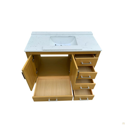 Meuble-lavabo 42 po avec lavabo et trou pour robinet, meuble-lavabo avec 2 portes et 5 tiroirs en chêne