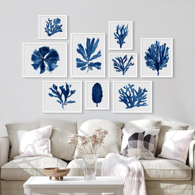 Bleu marine, aquarelle, océan, corail, art moderne pour le salon, la chambre à coucher, le bureau, impression sur bois, 9 pièces