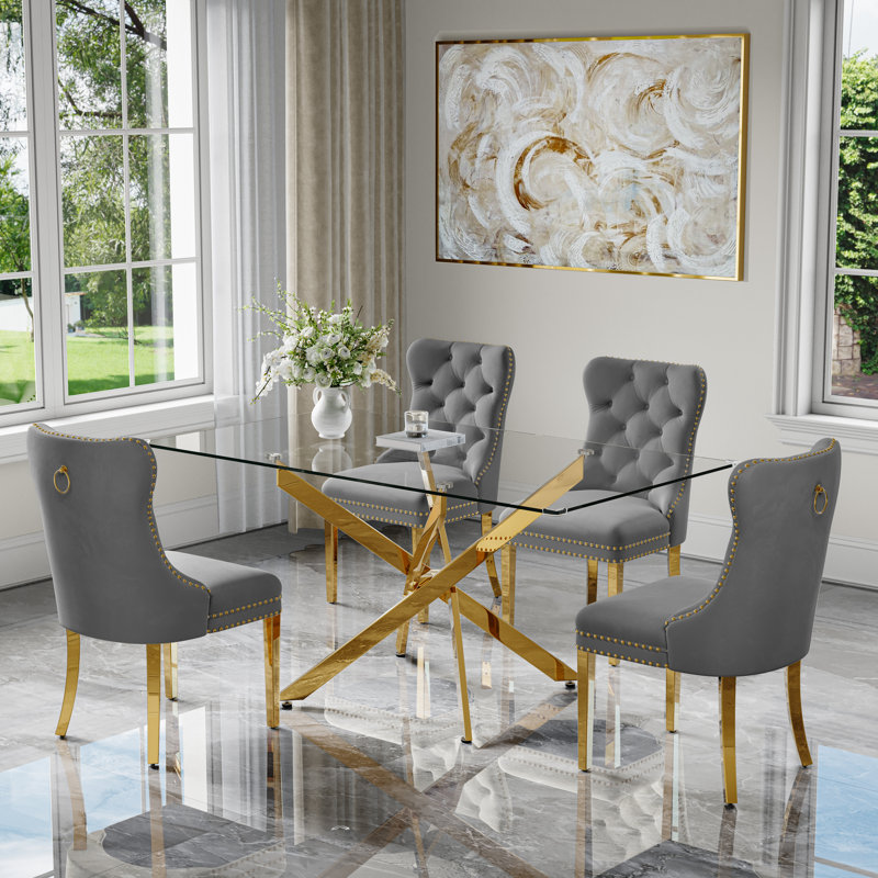 5-Piece Modern Glam Dining Set With Tempered Glass Table & 4 Velvet Upholstered Chairs, Gold, Gray/Gold