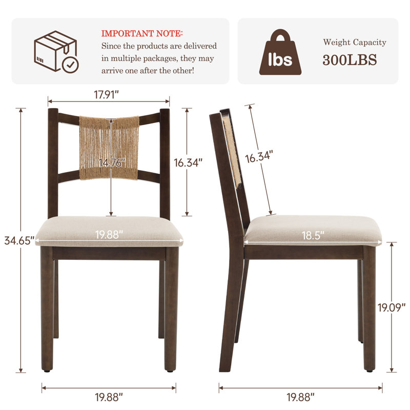 Chaise de salle à manger en corde tissée à la main avec siège rembourré, Khaki