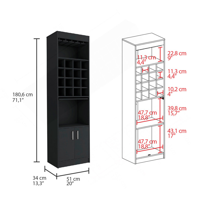 Armoire de bar Being Kava, double porte, deux tablettes, seize porte-bouteilles encastré - noir