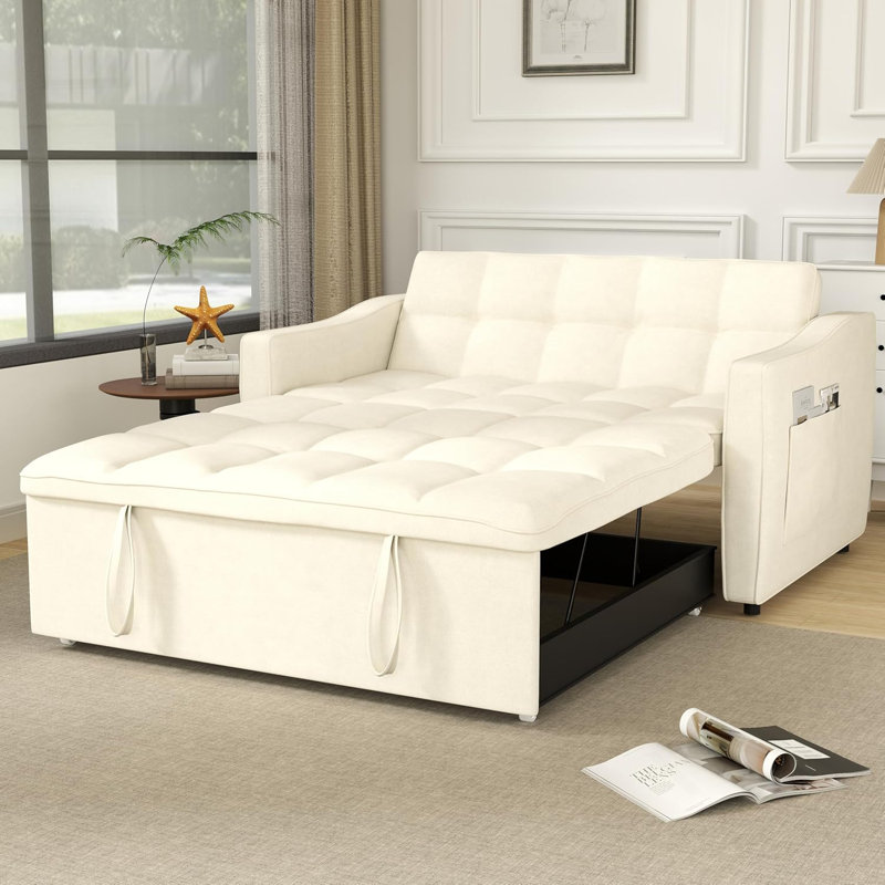 Canapé-lit 3 en 1 avec 2 poches, canapé beige pour le salon, canapé-lit modulaire escamotable, fauteuil convertible moderne avec rangement