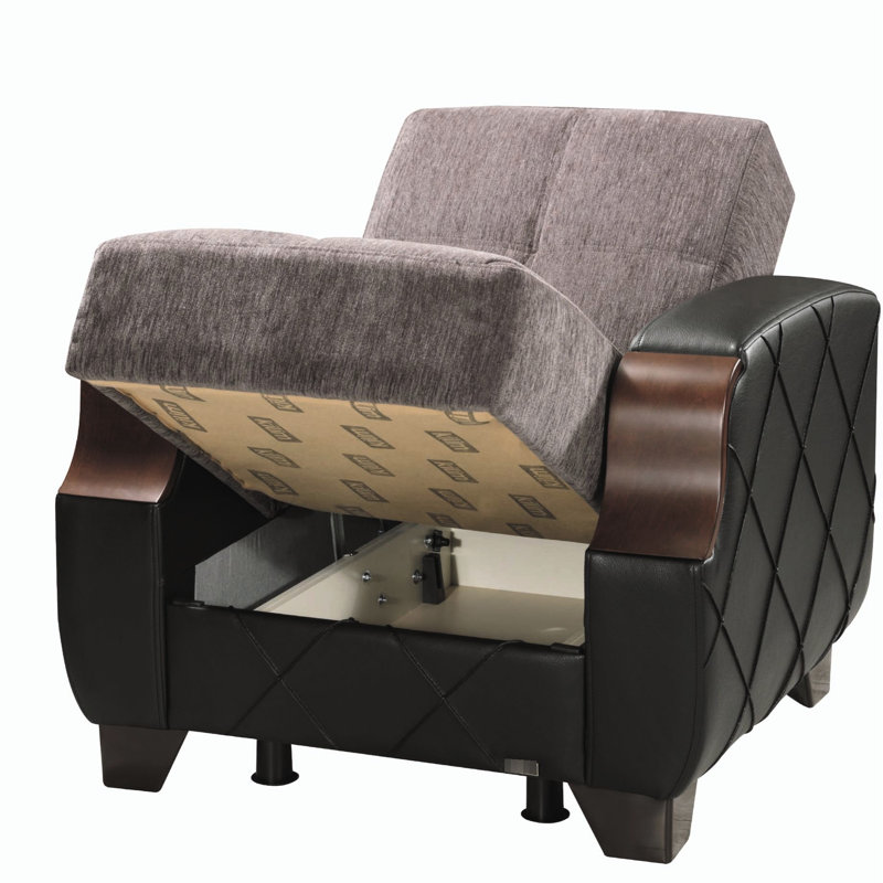 Fauteuil convertible avec rangement, design. Gris. 42 po de hauteur. Sièges confortables. Espace de rangement peu encombrant. Revêtement gris. 36,01 de profondeur. Matériau. Idéal pour les petits espaces