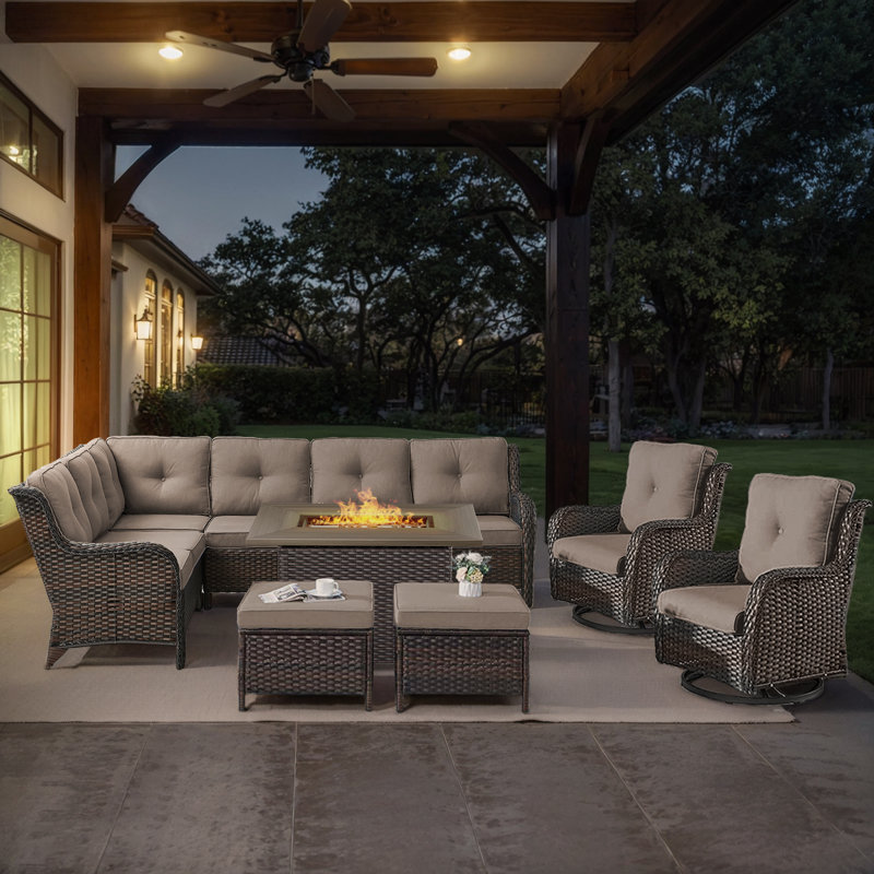 Dahlyla 8- Person Outdoor PE Wicker Sectional Seating Group with Fire Pit, Ottomans and Cushions, Brown, Gray