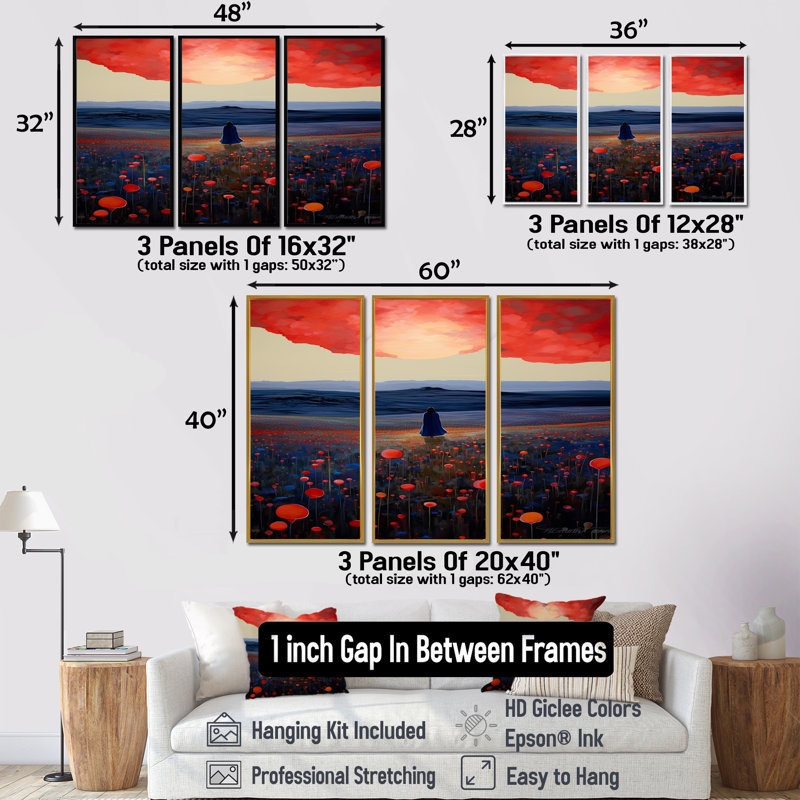 «Red Sky Blue Mountains Red Poppies - Meadow», ensemble de reproduction d'art mural, Encadrement argenté