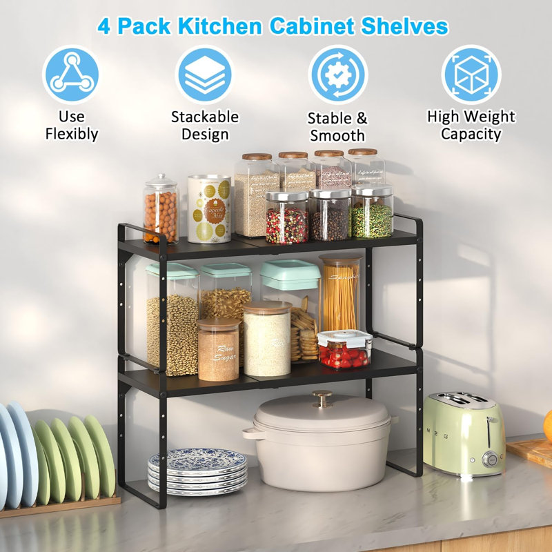 Organisateurs de tablettes d'armoires de cuisine de 15,5 à 25,5 pouces, organisateur de tablettes de comptoir de cuisine réglables, ensemble de 3 tablettes de rangement de comptoir extensibles, conception empilable, 30 lb robuste, économiseur d'espace